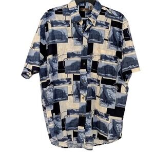 Cafe Luna Men Nautical Yachting Print Cotton Short Sleeve Shirt Blue M 38/40 NWT